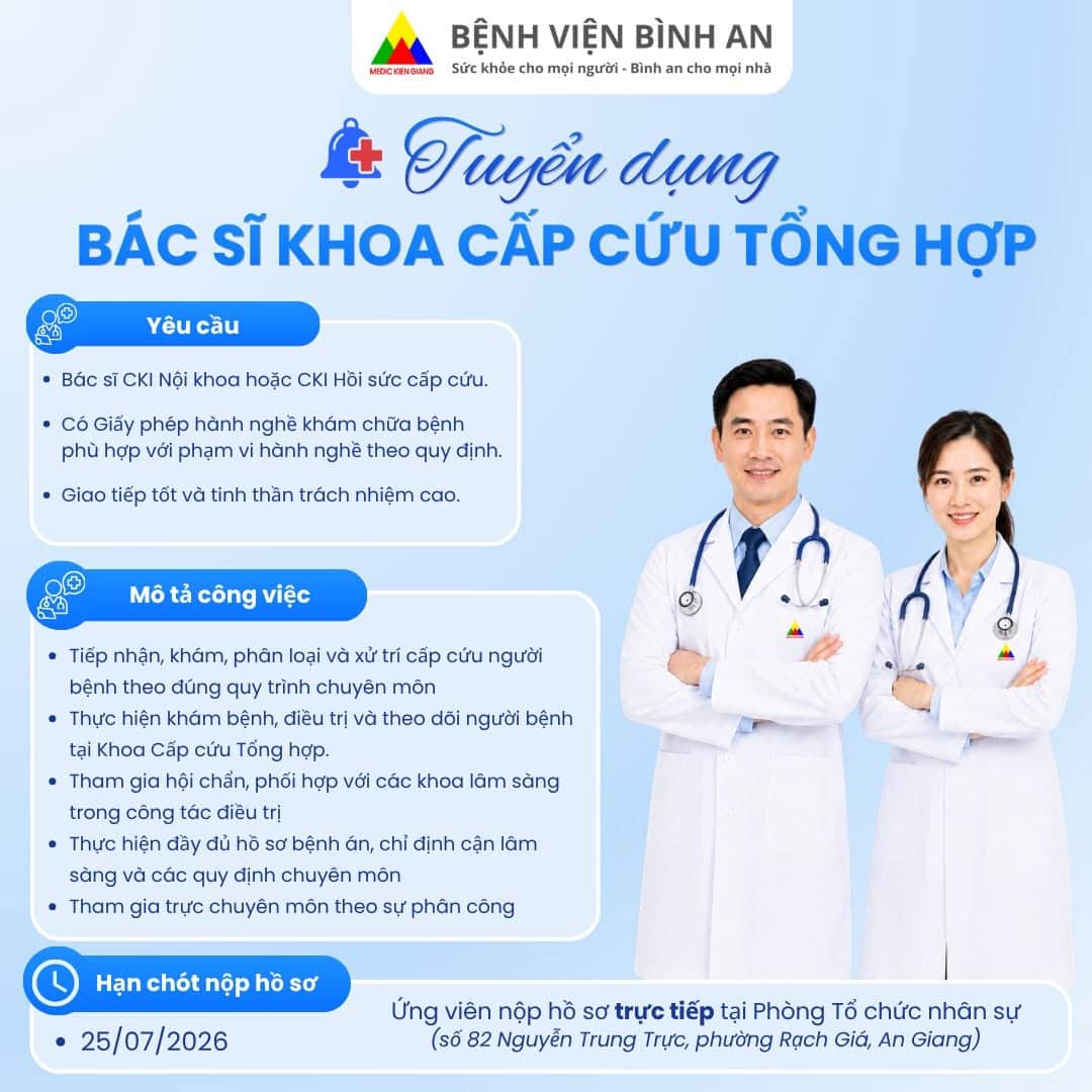 Bệnh viện Bình An tuyển dụng bác sĩ khoa cấp cứu tổng hợp