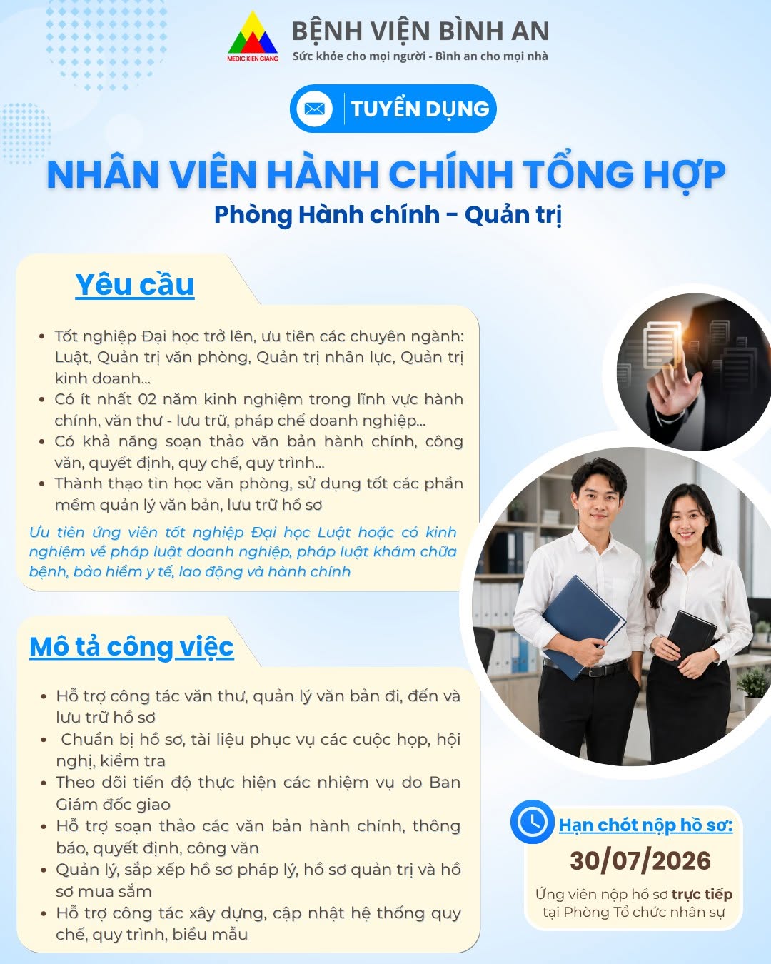 Bệnh viện Bình An tuyển dụng nhân viên hành chính tổng hợp