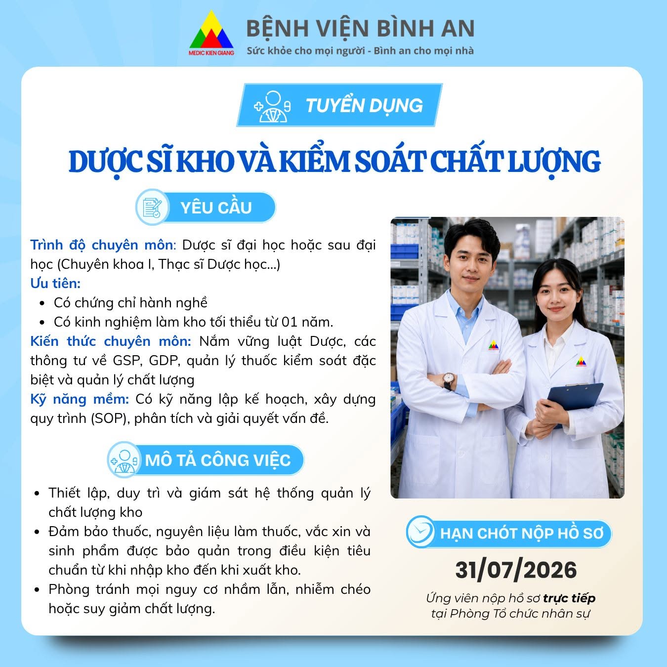Bệnh viện Bình An thông báo tuyển dụng nhân sự khoa dược