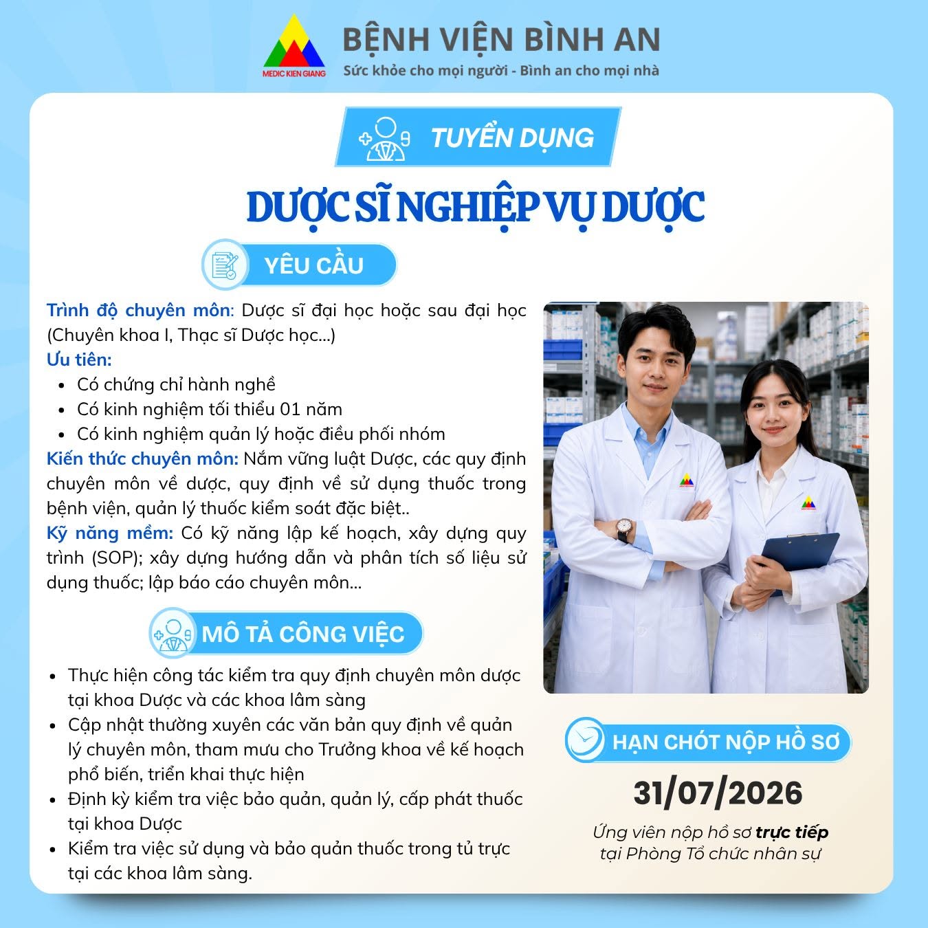 Bệnh viện Bình An thông báo tuyển dụng nhân sự khoa dược
