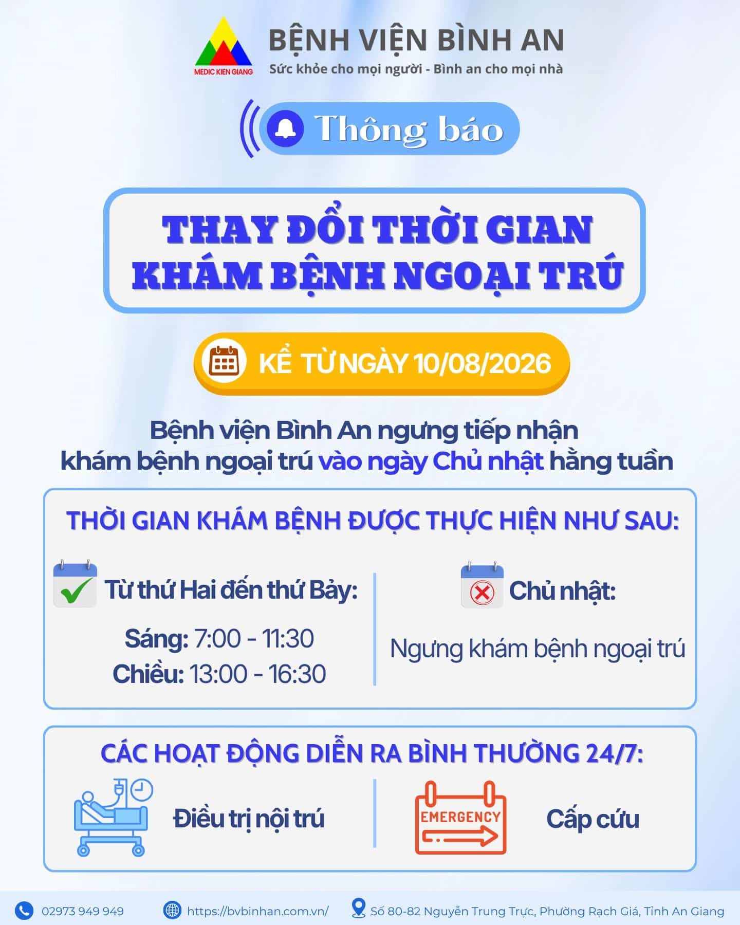 Thông báo thay đổi thời gian khám bệnh ngoại trú.